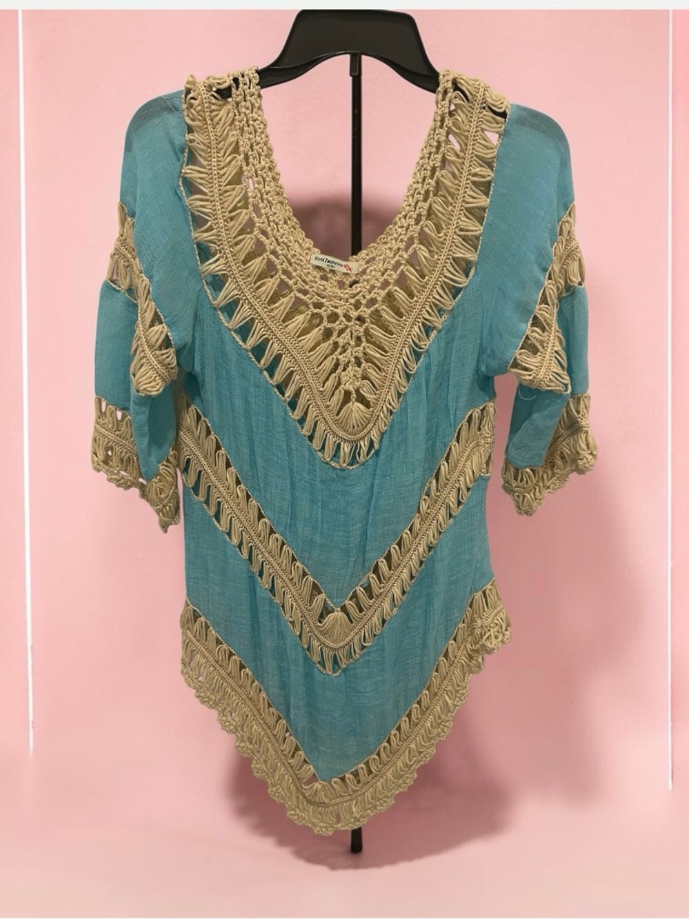 Turquoise Crochet-Trim V-Neck Tunic Top